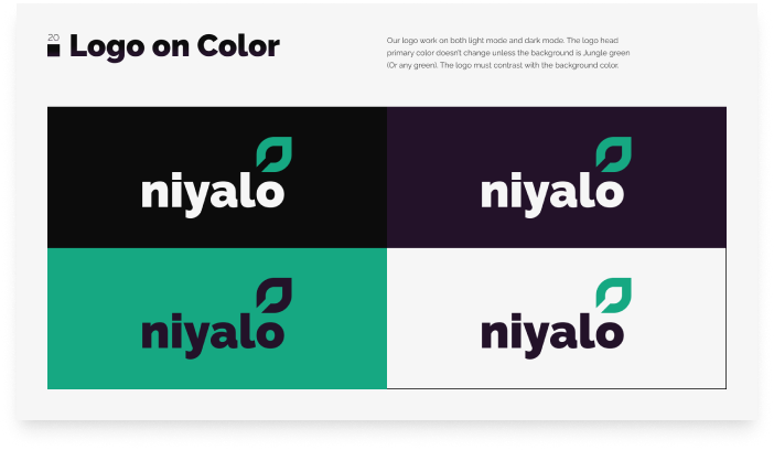 Niyalo logo displayed on light and dark colored backgrounds.